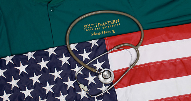 Stethoscope on Southeastern Nursing Uniform and American Flag