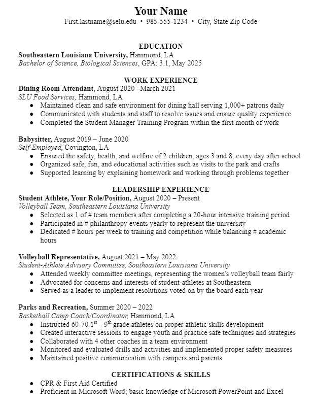 sample student resume skills